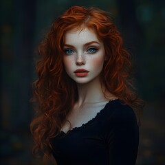 a pretty woman in her mid twenty&rsquo;s. She has long bright red curly hair and blue eyes. Her skin is pale and soft. She wears a black skater dress and is standing in the woods at night. The light is dimm