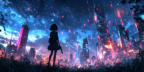 Obraz premium Anime girl with sword in futuristic neon cityscape with falling meteors