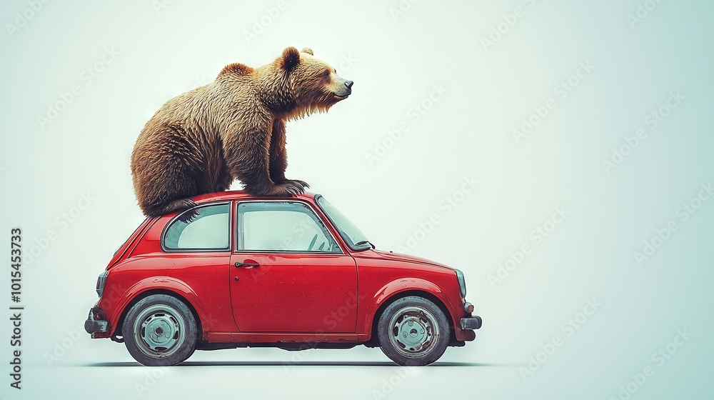 Poster   A brown bear is perched atop a red car, with its head resting on the roof