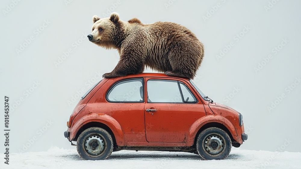 Poster   A brown bear sat atop a small car amidst a snow-covered field under a gray sky