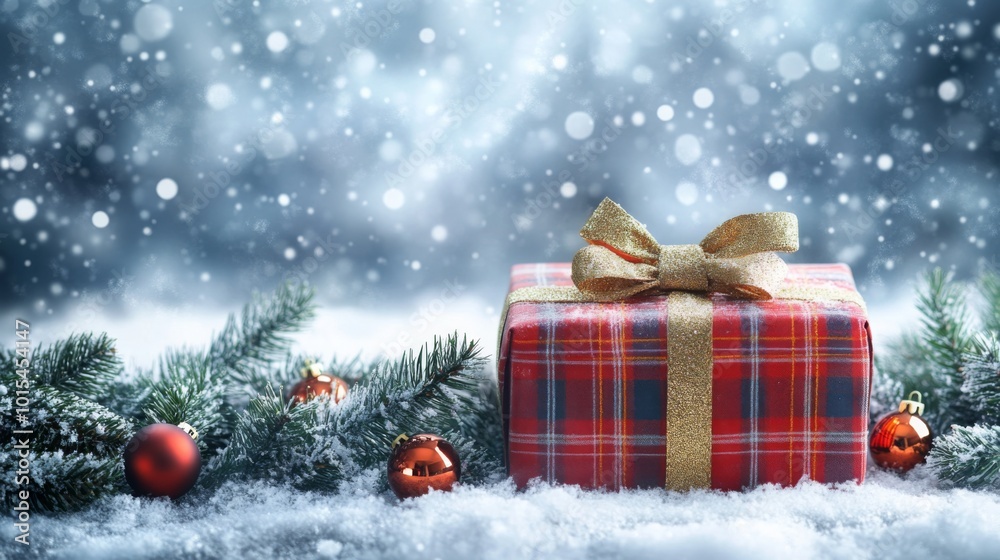 Poster a red gift box with a gold bow sits on a snowy surface with pine branches and red ornaments in the f