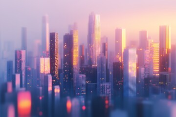 Fototapeta premium Cityscape at sunset with tall buildings and a hazy sky.