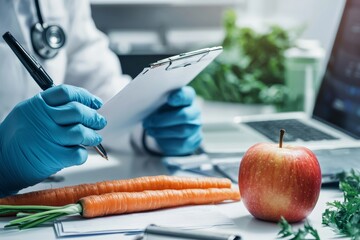 Healthcare Professional Evaluating Fresh Produce for Allergen Safety in Modern Dietary Assessment Office Promoting Health and Wellness in Nutrition