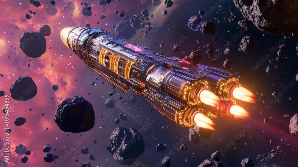 Poster A futuristic spaceship navigates through a dense field of asteroids, its engines glowing brightly as it accelerates through space