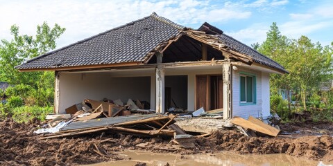 Urgent Home Repairs Needed for Water-Damaged House with Collapsed Roof After Heavy Rainfall Highlighting Structural Integrity and Restoration Needs