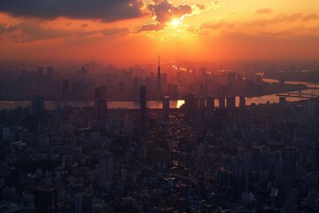 Naklejka premium The sun is setting over a city with a beautiful orange sky, generative ai image