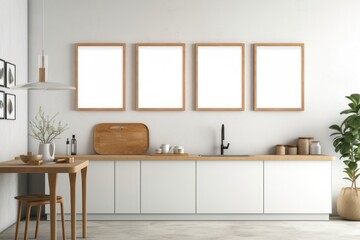 White kitchen interior with empty white frames mock up. Modern home interior design. Furniture catalogs advertisement. Comfortable living and lifestyle.