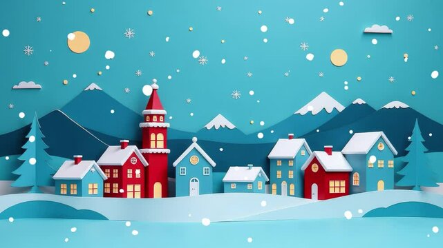 Animated illustration banner paper cut cityscape with snowflakes, snowy winter with red and white houses and mountains, cartoon screensaver Christmas, New Year banner , snowfall, cold weather