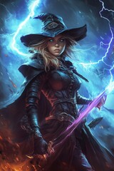 A witch is conducting magic with spell with lightning bolt in battle. Superhero. Halloween poster.