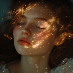 Dreamy girl surrounded by stars, ethereal fantasy portrait in soft focus