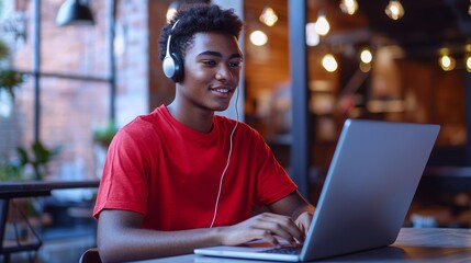 Young man focused on creative project in modern urban loft wearing stylish headphones and vibrant red t-shirt immersed in music and work showcasing energy concentration and contemporary lifestyle