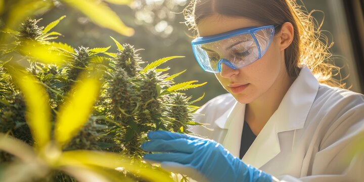 Dedicated cultivator in white lab coat and goggles studying lush cannabis plant under sunlight showcasing passion for sustainable agriculture plant health and organic growth in natural environment