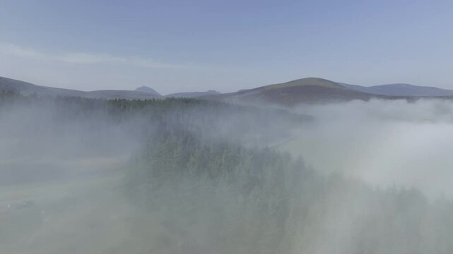 Coastal fog in the Scottish Highlands with hills, drone image, Broch of Ousdale, Berriedale, Scotland, Great Britain