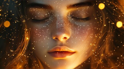 Dreamy girl surrounded by stars, ethereal fantasy portrait in soft focus