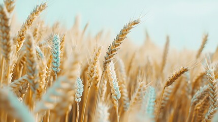 Fototapeta premium A clear photo of a wheat field, with a blue sky in the background and crisp images of wheat stalks in the foreground
