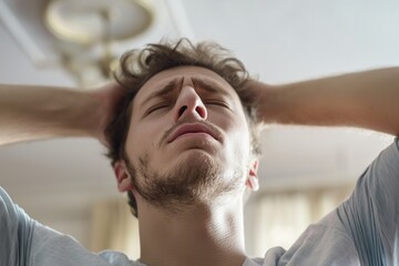 Obraz premium Young man sits on sofa with eyes closed. His head is tilted, arms raised. Casual white t-shirt, blurred background. Man is alone, lost in thought. Sad, worried, stressed, anxious face.