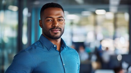 Fototapeta premium Empowered Black Businessman in Modern Office Exuding Confidence and Ambition with Dynamic Background Reflecting Leadership Success and Modern Workplace Energy for Business Inspiration