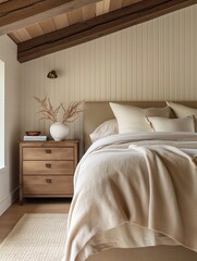 Bedroom interior with bed, wooden headboard, beige pillows, white comforter, wooden dresser, vase with dried flowers, window with white curtains. Natural fills room. Rustic charm from wooden ceiling,