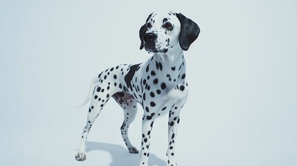   Dalmatian dog in black and white, standing on white background with facial spot