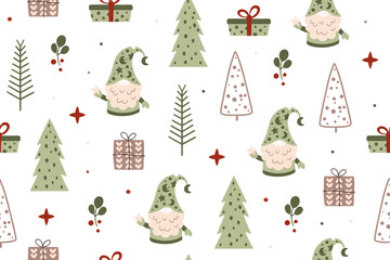 Vector illustration pattern of funny Christmas gnomes, trees, gifts, candles, garlands. Set, set of Christmas elements