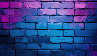 Neon blue and purple abstract brick wall background, pop art style, text area