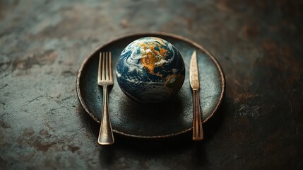 Fototapeta premium World food day concept with globe, cutlery, eco-friendly, flat lay view