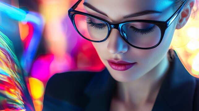 Confident businesswoman in modern office stylish black-rimmed glasses focused on laptop in colorful workspace embodying success energy and innovation in dynamic professional environment