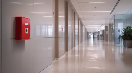 The spacious hallway showcases light grey walls and sleek tiles, with a striking red fire alarm box on the left, reflecting modern design and safety priorities