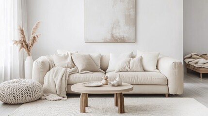 A modern living room features a soft beige couch adorned with pillows, a round coffee table, and a natural decor style