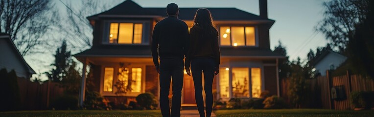 Happy couple hugging, looking at new suburban home at sunset glow