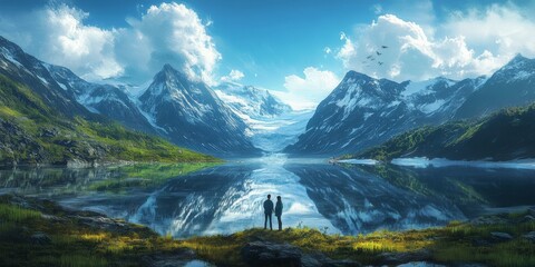 Fototapeta premium Adventure couple admiring fjord and mountain landscape during vacation