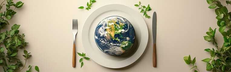 World food day concept with globe, cutlery, eco-friendly, flat lay view
