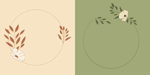 Szablony ramek z botanicznym motywem w prostym stylu z listkami i kwiatami - zaproszenia ślubne, gratulacje, baby shower, pocztówki, kartki urodzinowe, kartki z życzeniami, dzień kobiet. © Monika