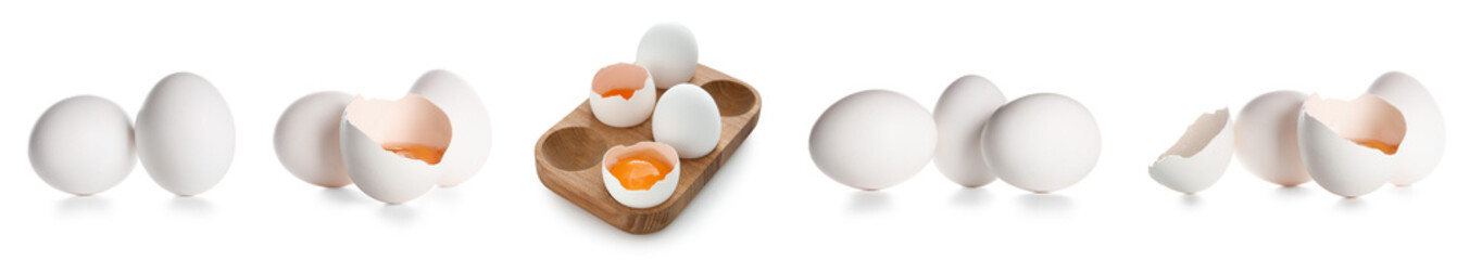 Set of raw chicken eggs on white background