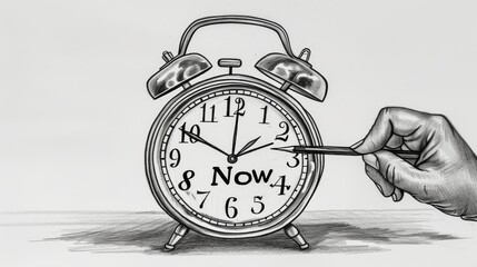 A black and white drawing features an alarm clock with a hand adjusting the time. The word Now replaces traditional numbers, symbolizing urgency, decision-making, and time management.