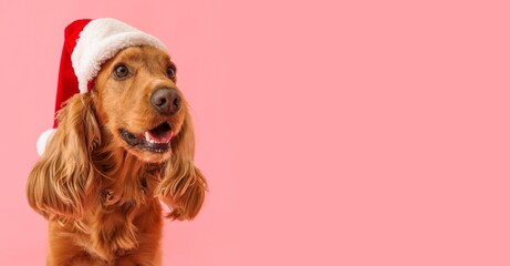 Cocker spaniel in Santa hat on pink background with space for text