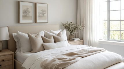 This stylish bedroom features a soft color palette with cream and beige tones, a comfortable bed with multiple pillows, and large windows allowing natural light to fill the space.