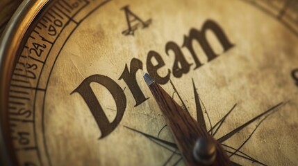 This image features a detailed close-up of a vintage compass with a needle pointing to the word Dream on its dial. The warm tones and weathered texture evoke a sense of adventure and aspiration