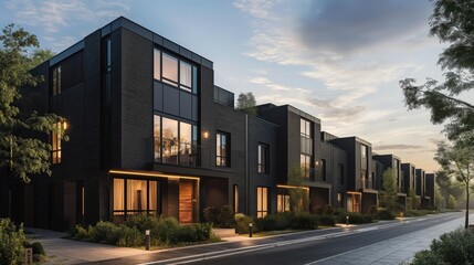 Modern row of black buildings with large windows and balconies. Linear arrangement creates depth and perspective. Clear blue sky and trees in background. Low-angle view emphasizes towering presence.