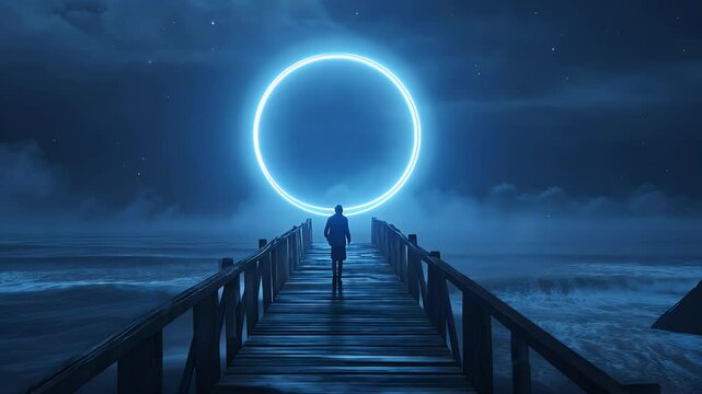 A person walks towards a glowing ring in the sky over a wooden bridge and choppy water.