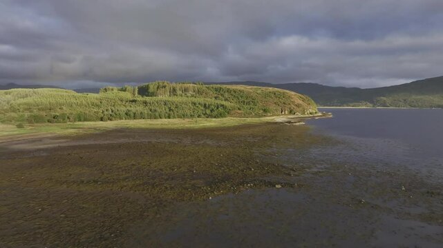 Evening mood at Loch Alsh, drone shot, Reraig, Kyle, Scotland, Great Britain