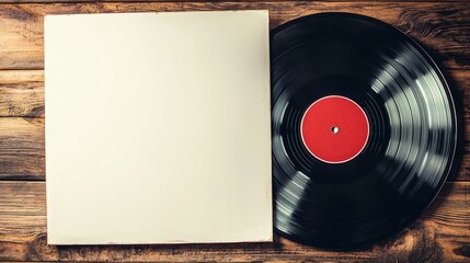 Vintage vinyl record on rustic wooden table showcasing a black disc with vibrant red label and simple white cover perfect for music lovers and collectors