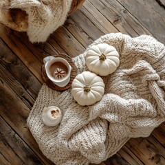 Naklejka premium Cozy fall scene: pumpkins, sweaters, and hot chocolate on a rustic background