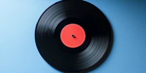 Classic black vinyl record featuring a bold red label artistically displayed on a vibrant blue background reflecting music culture and creativity