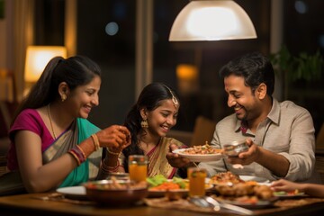 Indian family sitting together at home dinner table. Father holds plate of food, mother smiles in pink sari. Daughter wears traditional Indian sari, smiles at camera. Table set with soup, food,