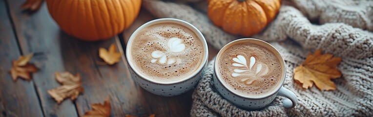 Cozy fall scene: pumpkins, sweaters, and hot chocolate on a rustic background
