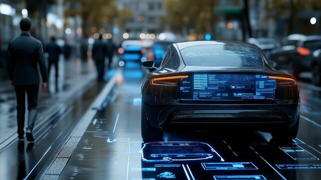 Self-driving car displays futuristic holographic route data navigation real-time interface. AI generated