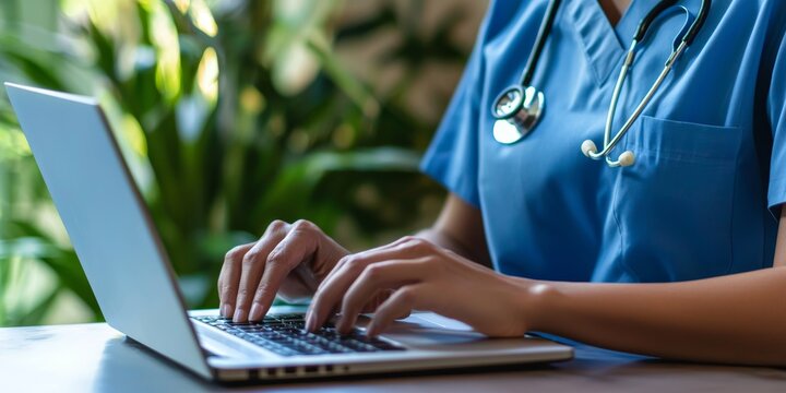 Healthcare professional in blue attire focused on medical research and patient care using a laptop computer in a modern office setting technology and medicine