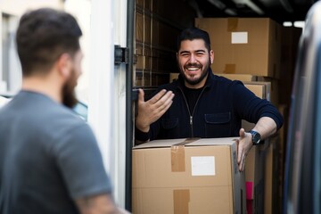 Man stands in front of gray truck holding brown cardboard box with white label. Wears blue shirt, beard. Another man in background, partially obscured. Truck parked in garage with vehicles visible.