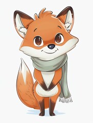 Obraz premium Cute cartoon fox wearing a scarf, standing on white background.